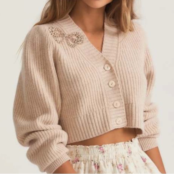 EUC LoveShackFancy Larsa rhinestone Bow Crop Cardigan Sweater - Medium